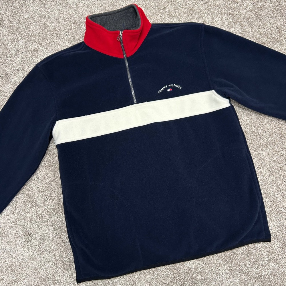 Vintage y2k Tommy Hilfiger Fleece Pullover‎ 1/4 Zip Men Size Medium Spellout